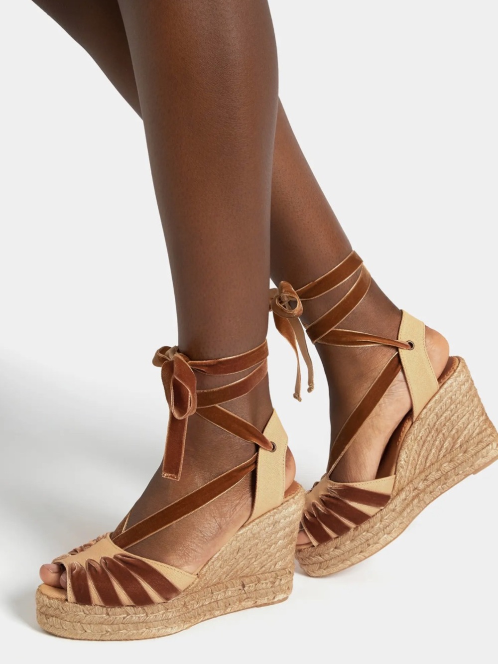 Penelope Chilvers Two-Tone Brown & Tan Espadrille Wedge with Wrap Ties